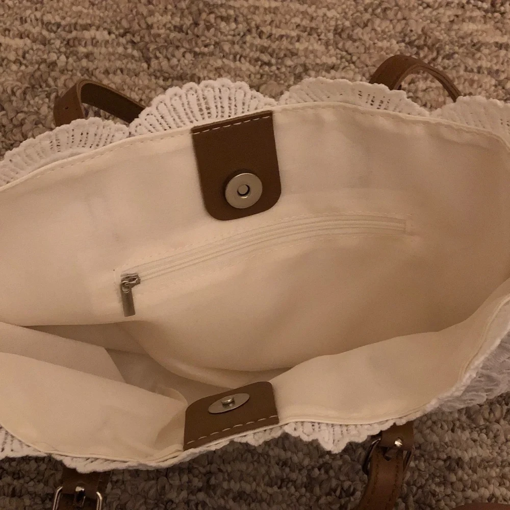 White Lace Tote Bag with Brown Handles